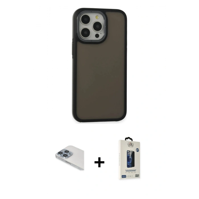 MARSİLYAN™- iPhone 13 Pro Max Kılıf Eksen Işık - Siyah Bilvis Hayalet Cam Ekran Koruyucu + Pers Alüminyum Kamera Lens - SABE