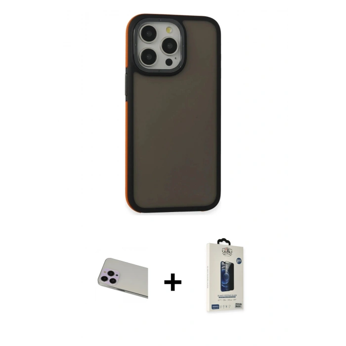 MARSİLYAN™- iPhone 13 Pro Max Kılıf Eksen Işık - Siyah Bilvis Hayalet Cam Ekran Koruyucu + Rainbow Kamera Lens Koruma Cam - MR