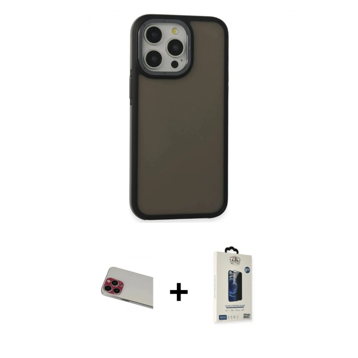 MARSİLYAN™- iPhone 13 Pro Max Kılıf Eksen Işık - Siyah Bilvis Hayalet Cam Ekran Koruyucu + Rainbow Kamera Lens Koruma Cam - KI