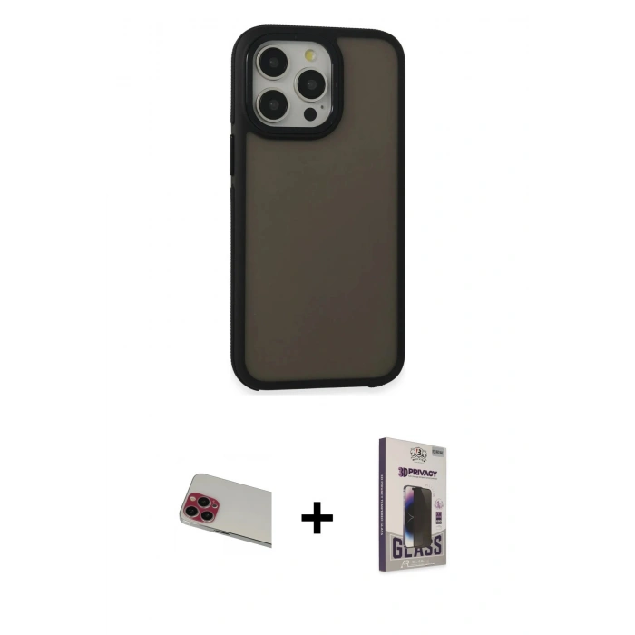 MARSİLYAN™- iPhone 13 Pro Max Kılıf Eksen Işık - Siyah Bilvis Hayalet Cam Ekran Koruyucu + Rainbow Kamera Lens Koruma Cam - KI