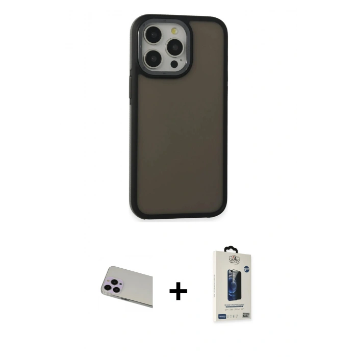 MARSİLYAN™- iPhone 13 Pro Max Kılıf Eksen Işık - Siyah Bilvis Hayalet Cam Ekran Koruyucu + Rainbow Kamera Lens Koruma Cam - MR