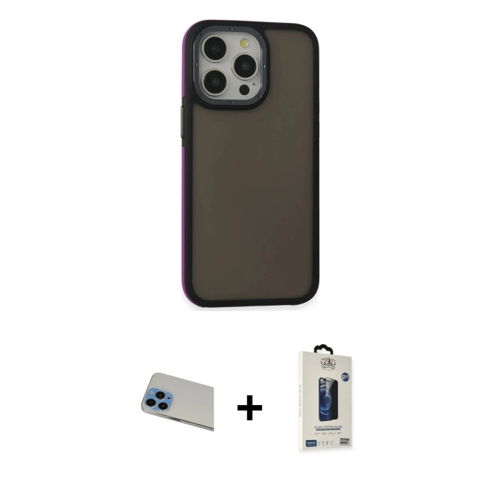 MARSİLYAN™- iPhone 13 Pro Max Kılıf Eksen Işık - Siyah Bilvis Hayalet Cam Ekran Koruyucu + Rainbow Kamera Lens Koruma Cam - MI