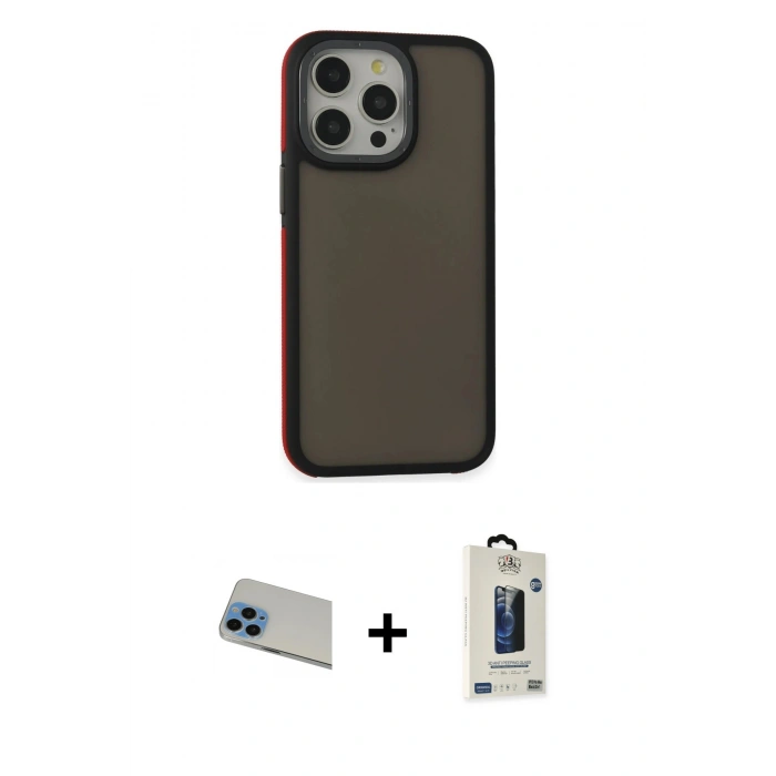 MARSİLYAN™- iPhone 13 Pro Max Kılıf Eksen Işık - Siyah Bilvis Hayalet Cam Ekran Koruyucu + Rainbow Kamera Lens Koruma Cam - MI