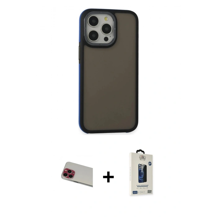 MARSİLYAN™- iPhone 13 Pro Max Kılıf Eksen Işık - Siyah Bilvis Hayalet Cam Ekran Koruyucu + Rainbow Kamera Lens Koruma Cam - KI