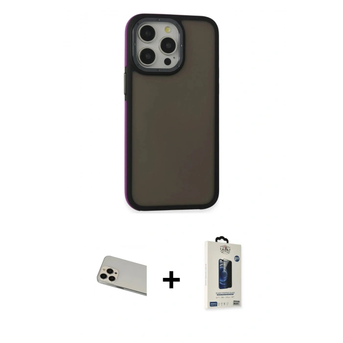 MARSİLYAN™- iPhone 13 Pro Max Kılıf Eksen Işık - Siyah Bilvis Hayalet Cam Ekran Koruyucu + Rainbow Kamera Lens Koruma Cam - REGD