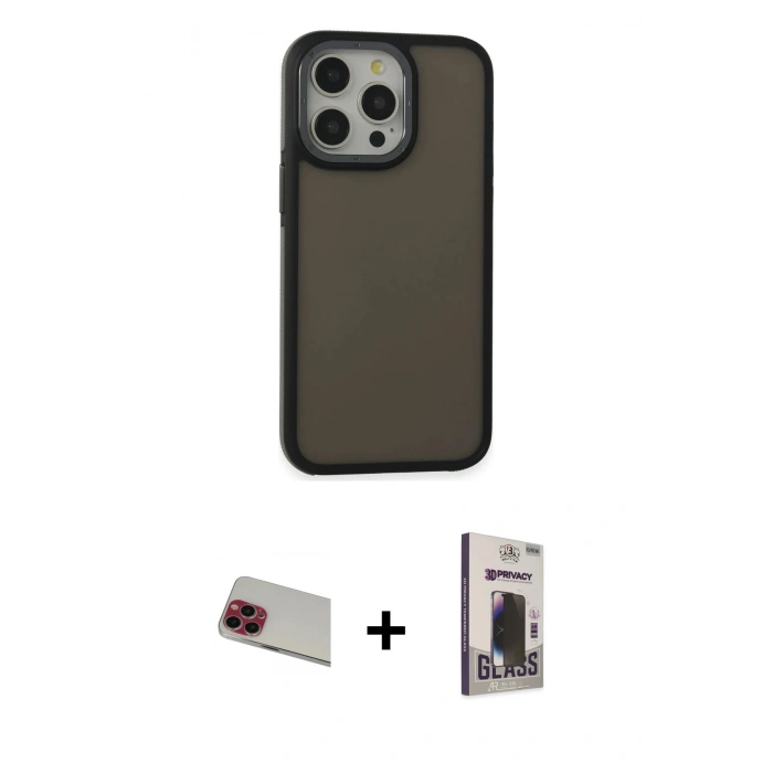 MARSİLYAN™- iPhone 13 Pro Max Kılıf Eksen Işık - Siyah Bilvis Hayalet Cam Ekran Koruyucu + Rainbow Kamera Lens Koruma Cam - KI