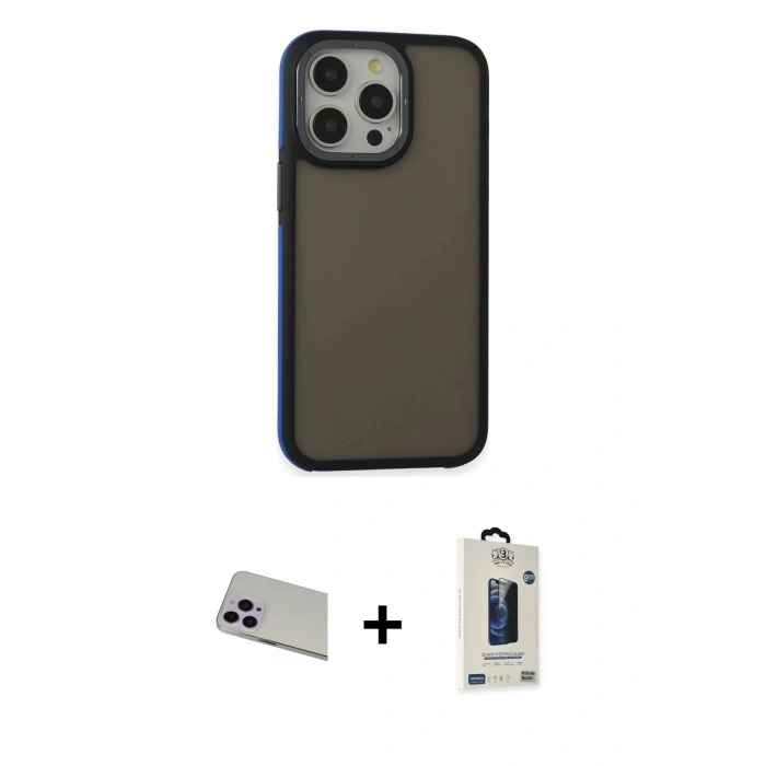 MARSİLYAN™- iPhone 13 Pro Max Kılıf Eksen Işık - Siyah Bilvis Hayalet Cam Ekran Koruyucu + Rainbow Kamera Lens Koruma Cam - MR