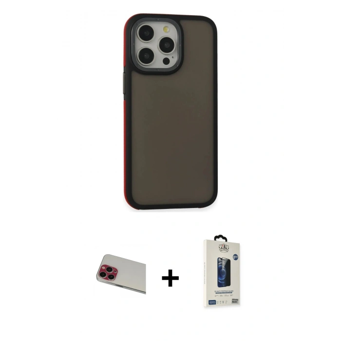 MARSİLYAN™- iPhone 13 Pro Max Kılıf Eksen Işık - Siyah Bilvis Hayalet Cam Ekran Koruyucu + Rainbow Kamera Lens Koruma Cam - KI