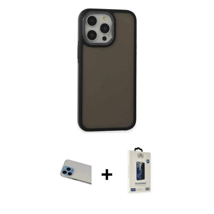 MARSİLYAN™- iPhone 13 Pro Max Kılıf Eksen Işık - Siyah Bilvis Hayalet Cam Ekran Koruyucu + Rainbow Kamera Lens Koruma Cam - MI