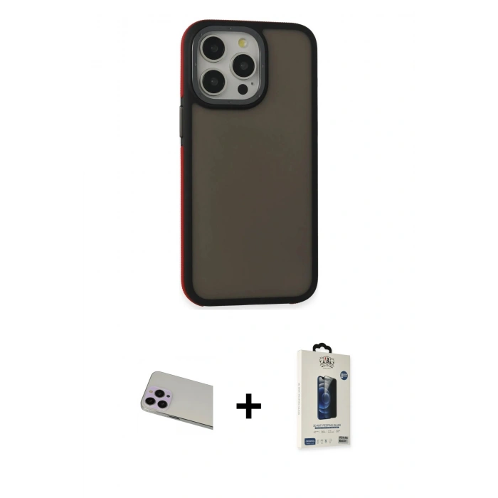 MARSİLYAN™- iPhone 13 Pro Max Kılıf Eksen Işık - Siyah Bilvis Hayalet Cam Ekran Koruyucu + Rainbow Kamera Lens Koruma Cam - MR