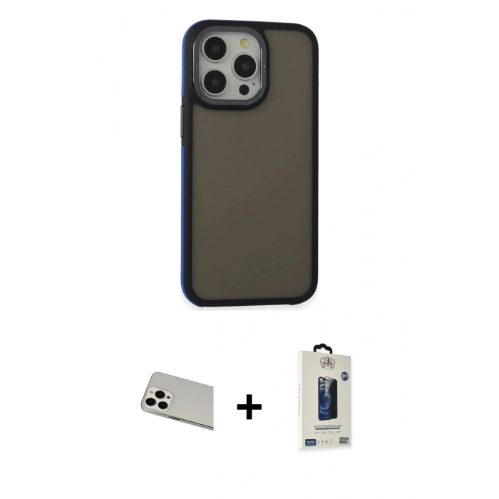 MARSİLYAN™- iPhone 13 Pro Max Kılıf Eksen Işık - Siyah Bilvis Hayalet Cam Ekran Koruyucu + Rainbow Kamera Lens Koruma Cam - BZ