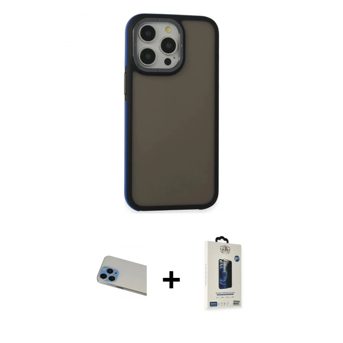 MARSİLYAN™- iPhone 13 Pro Max Kılıf Eksen Işık - Siyah Bilvis Hayalet Cam Ekran Koruyucu + Rainbow Kamera Lens Koruma Cam - MI