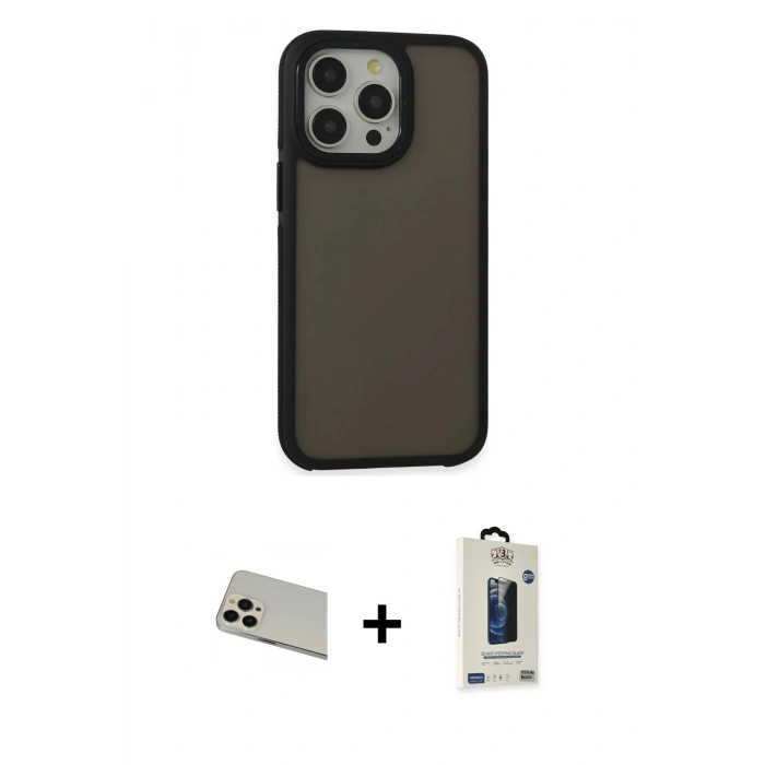 MARSİLYAN™- iPhone 13 Pro Max Kılıf Eksen Işık - Siyah Bilvis Hayalet Cam Ekran Koruyucu + Rainbow Kamera Lens Koruma Cam - REGD