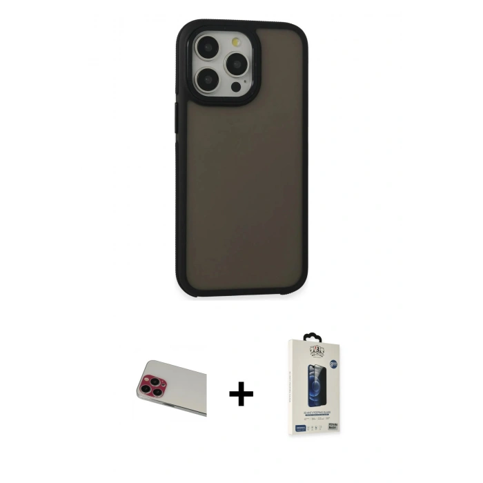 MARSİLYAN™- iPhone 13 Pro Max Kılıf Eksen Işık - Siyah Bilvis Hayalet Cam Ekran Koruyucu + Rainbow Kamera Lens Koruma Cam - KI