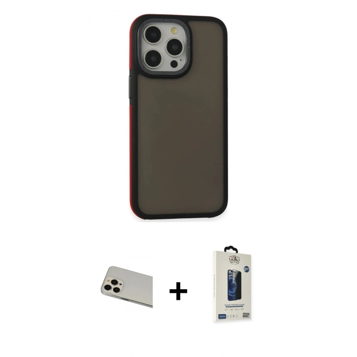 MARSİLYAN™- iPhone 13 Pro Max Kılıf Eksen Işık - Siyah Bilvis Hayalet Cam Ekran Koruyucu + Rainbow Kamera Lens Koruma Cam - REGD