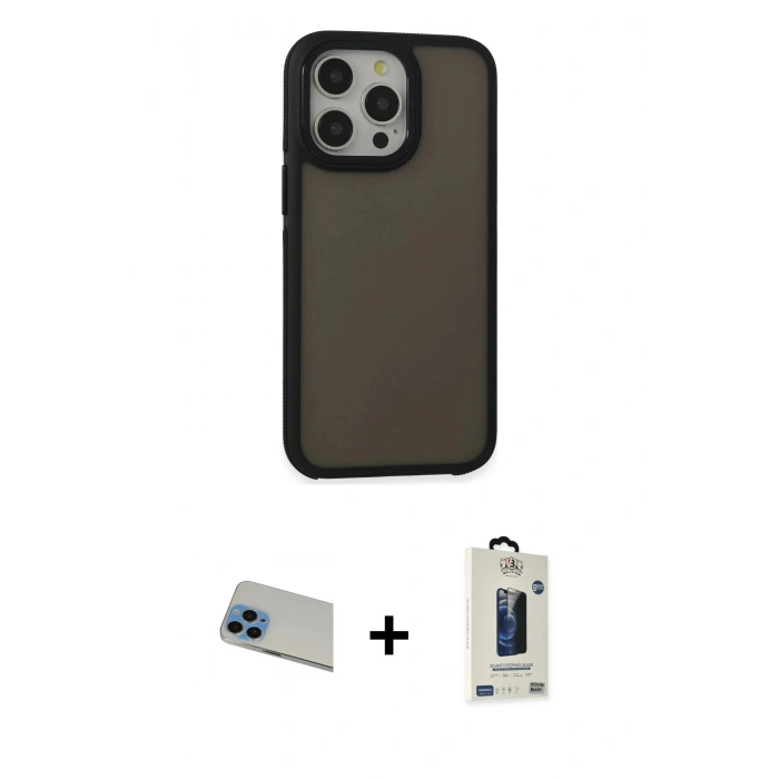 MARSİLYAN™- iPhone 13 Pro Max Kılıf Eksen Işık - Siyah Bilvis Hayalet Cam Ekran Koruyucu + Rainbow Kamera Lens Koruma Cam - MI