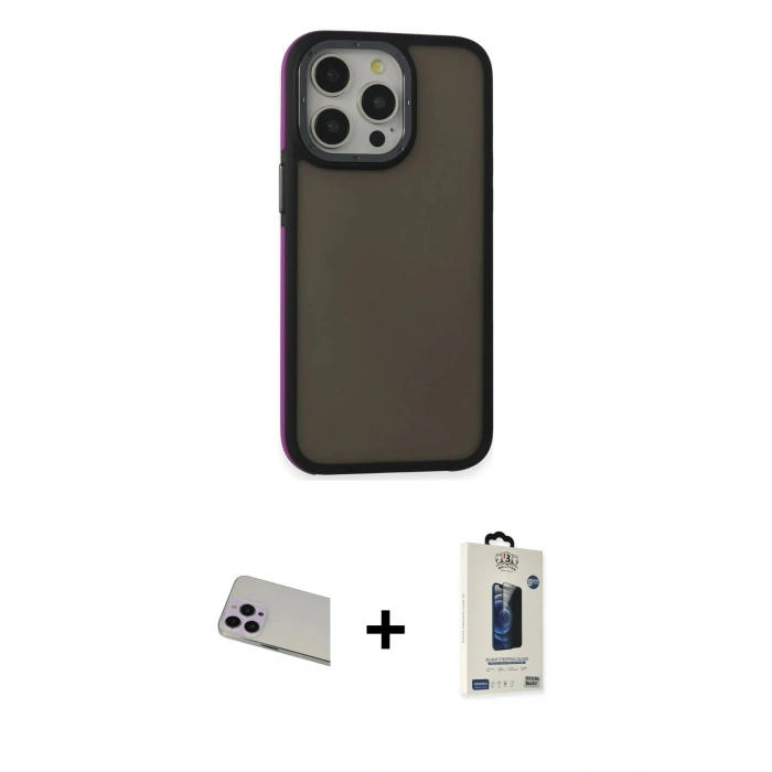 MARSİLYAN™- iPhone 13 Pro Max Kılıf Eksen Işık - Siyah Bilvis Hayalet Cam Ekran Koruyucu + Rainbow Kamera Lens Koruma Cam - MR