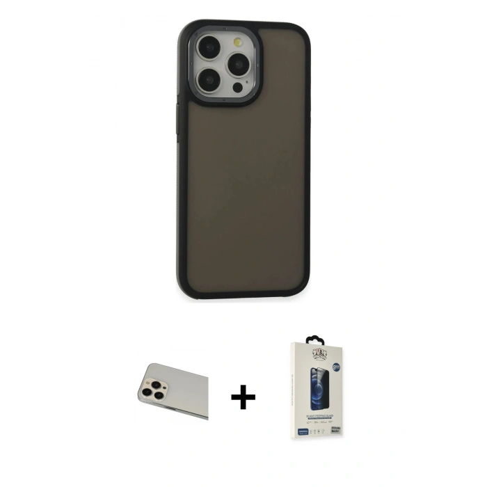 MARSİLYAN™- iPhone 13 Pro Max Kılıf Eksen Işık - Siyah Bilvis Hayalet Cam Ekran Koruyucu + Rainbow Kamera Lens Koruma Cam - REGD