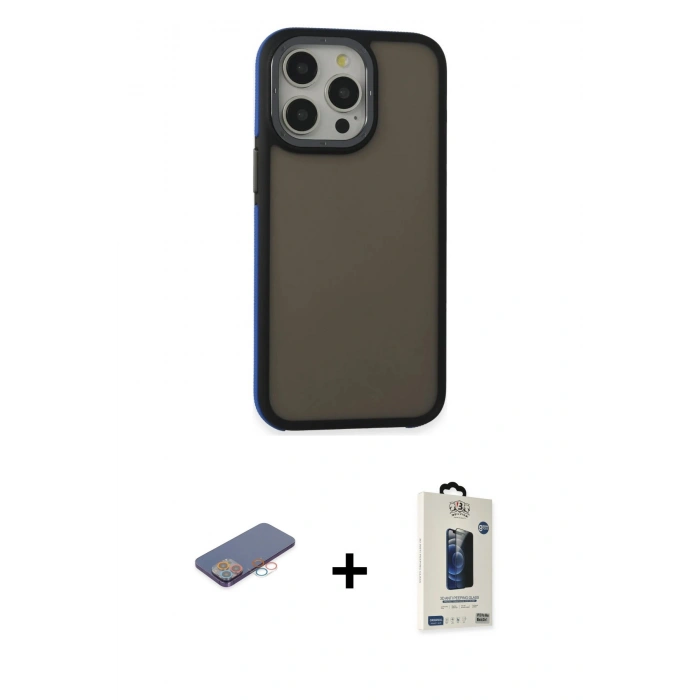MARSİLYAN™- iPhone 13 Pro Max Kılıf Eksen Işık - Siyah Bilvis Hayalet Cam Ekran Koruyucu + Renkli Kamera Lens Koruma Cam - PE