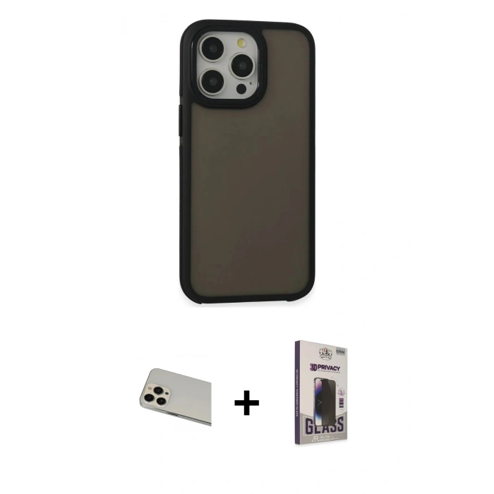 MARSİLYAN™- iPhone 13 Pro Max Kılıf Eksen Işık - Siyah Bilvis Hayalet Cam Ekran Koruyucu + Rainbow Kamera Lens Koruma Cam - REGD