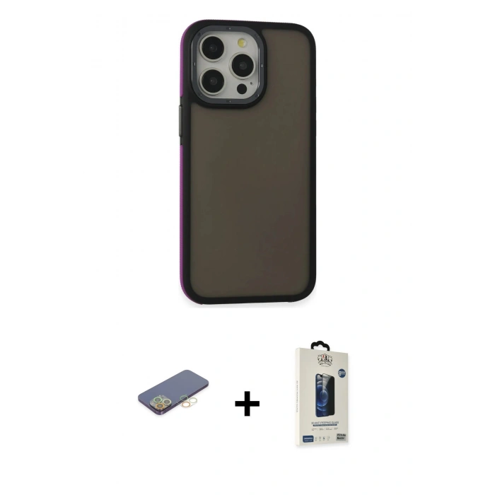 MARSİLYAN™- iPhone 13 Pro Max Kılıf Eksen Işık - Siyah Bilvis Hayalet Cam Ekran Koruyucu + Renkli Kamera Lens Koruma Cam - SI