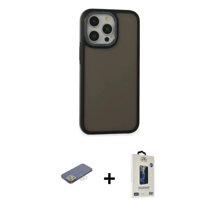 MARSİLYAN™- iPhone 13 Pro Max Kılıf Eksen Işık - Siyah Bilvis Hayalet Cam Ekran Koruyucu + Renkli Kamera Lens Koruma Cam - SI