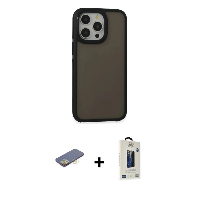 MARSİLYAN™- iPhone 13 Pro Max Kılıf Eksen Işık - Siyah Bilvis Hayalet Cam Ekran Koruyucu + Renkli Kamera Lens Koruma Cam - SI