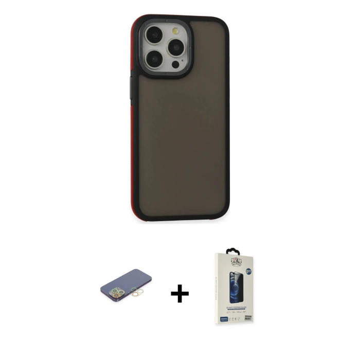 MARSİLYAN™- iPhone 13 Pro Max Kılıf Eksen Işık - Siyah Bilvis Hayalet Cam Ekran Koruyucu + Renkli Kamera Lens Koruma Cam - SI