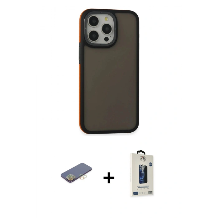 MARSİLYAN™- iPhone 13 Pro Max Kılıf Eksen Işık - Siyah Bilvis Hayalet Cam Ekran Koruyucu + Renkli Kamera Lens Koruma Cam - SI