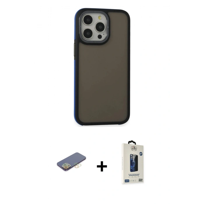 MARSİLYAN™- iPhone 13 Pro Max Kılıf Eksen Işık - Siyah Bilvis Hayalet Cam Ekran Koruyucu + Renkli Kamera Lens Koruma Cam - SI