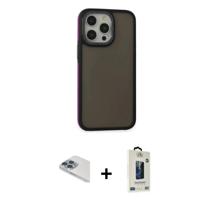 MARSİLYAN™- iPhone 13 Pro Max Kılıf Eksen Işık - Siyah Bilvis Hayalet Cam Ekran Koruyucu + Pers Alüminyum Kamera Lens - SABE