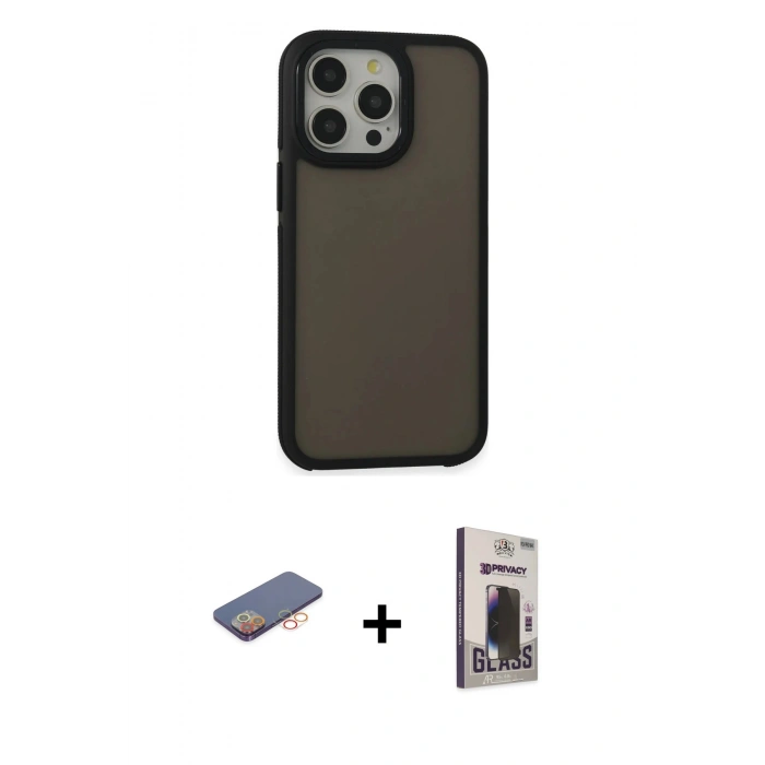 MARSİLYAN™- iPhone 13 Pro Max Kılıf Eksen Işık - Siyah Bilvis Hayalet Cam Ekran Koruyucu + Renkli Kamera Lens Koruma Cam - TU
