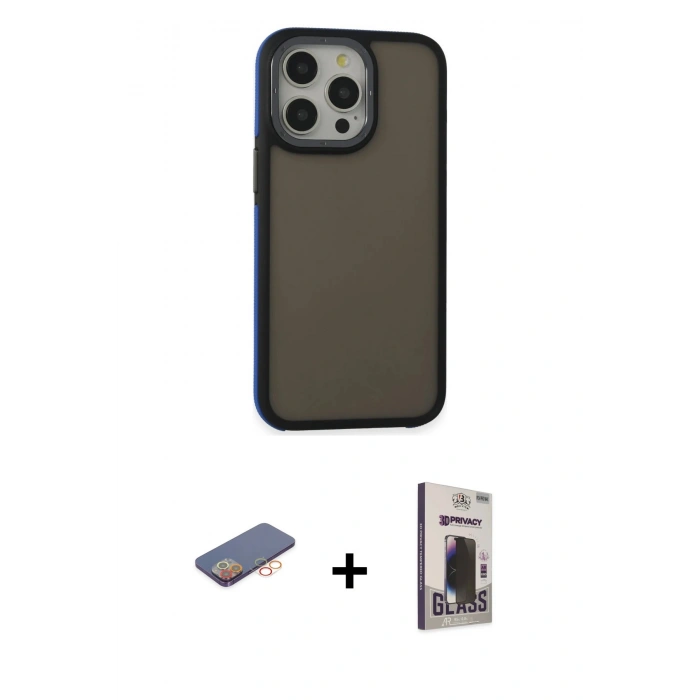 MARSİLYAN™- iPhone 13 Pro Max Kılıf Eksen Işık - Siyah Bilvis Hayalet Cam Ekran Koruyucu + Renkli Kamera Lens Koruma Cam - TU