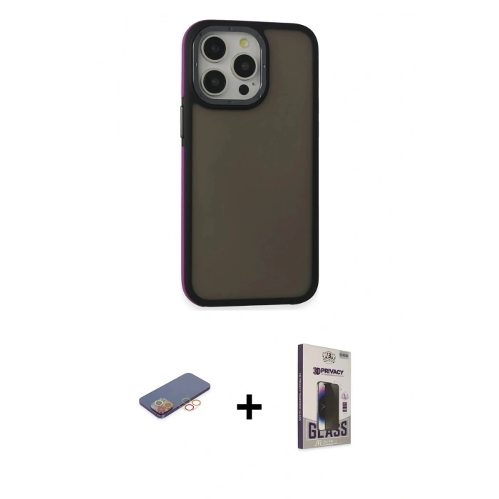 MARSİLYAN™- iPhone 13 Pro Max Kılıf Eksen Işık - Siyah Bilvis Hayalet Cam Ekran Koruyucu + Renkli Kamera Lens Koruma Cam - TU