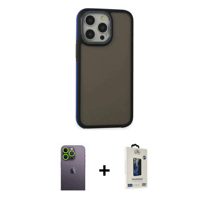 MARSİLYAN™- iPhone 13 Pro Max Kılıf Eksen Işık - Siyah Bilvis Hayalet Cam Ekran Koruyucu + Neon Fosforlu Kamera Lens - YL