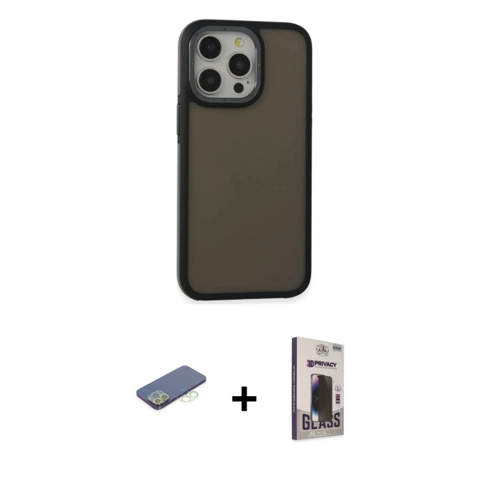 MARSİLYAN™- iPhone 13 Pro Max Kılıf Eksen Işık - Siyah Bilvis Hayalet Cam Ekran Koruyucu + Renkli Kamera Lens Koruma Cam - YL
