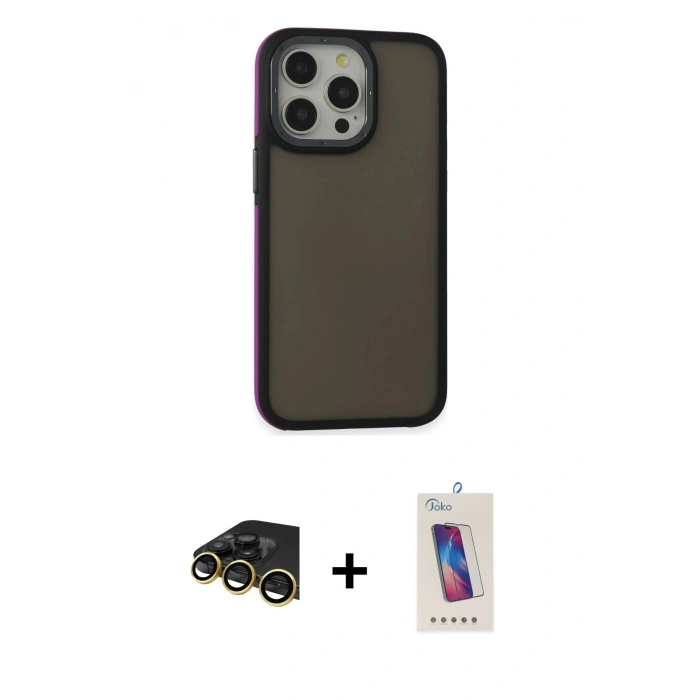 MARSİLYAN™- iPhone 13 Pro Max Kılıf Eksen Işık - Siyah Joko 5D Cam + Gold Raze Metal Kamera Lens