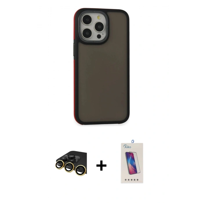 MARSİLYAN™- iPhone 13 Pro Max Kılıf Eksen Işık - Siyah Joko 5D Cam + Gold Raze Metal Kamera Lens