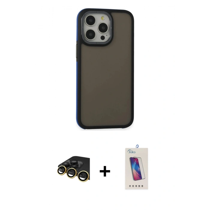 MARSİLYAN™- iPhone 13 Pro Max Kılıf Eksen Işık - Siyah Joko 5D Cam + Gold Raze Metal Kamera Lens