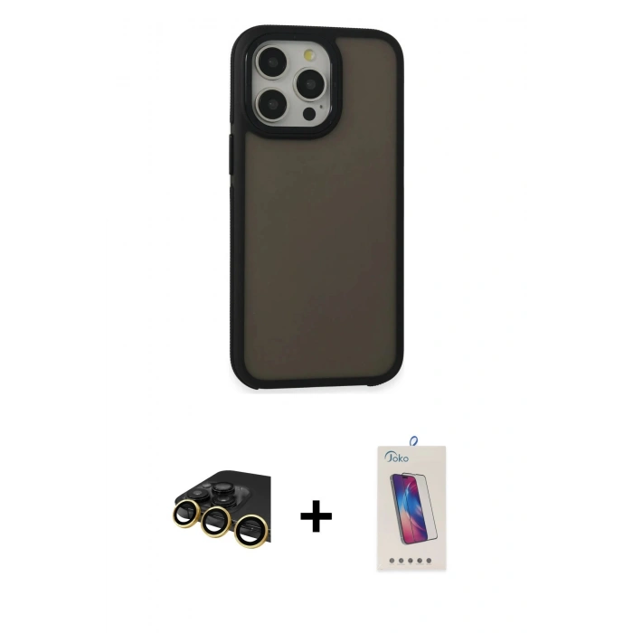 MARSİLYAN™- iPhone 13 Pro Max Kılıf Eksen Işık - Siyah Joko 5D Cam + Gold Raze Metal Kamera Lens
