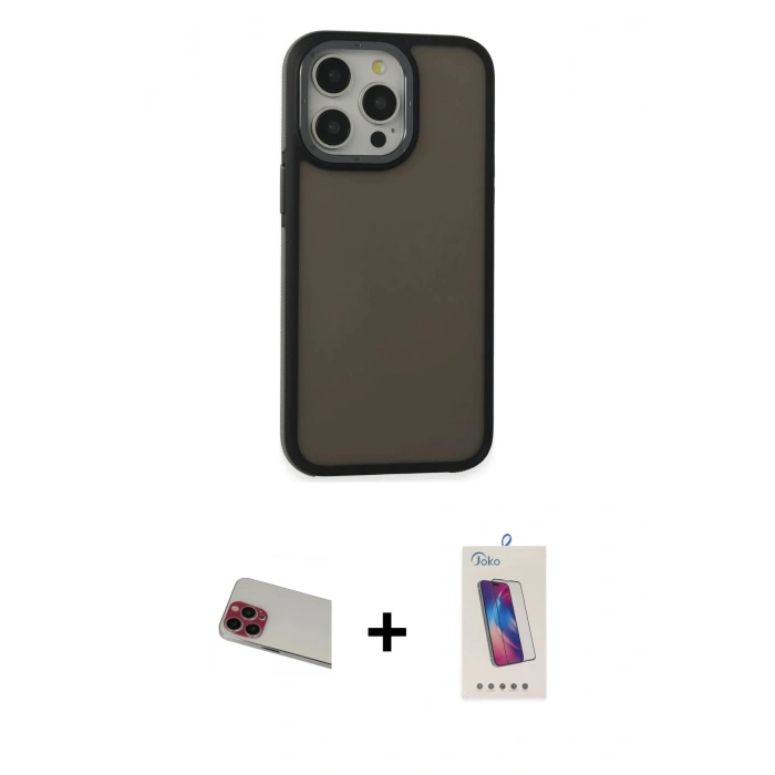 MARSİLYAN™- iPhone 13 Pro Max Kılıf Eksen Işık - Siyah Joko 5D Cam + Rainbow Kamera Lens Koruma Cam - KI