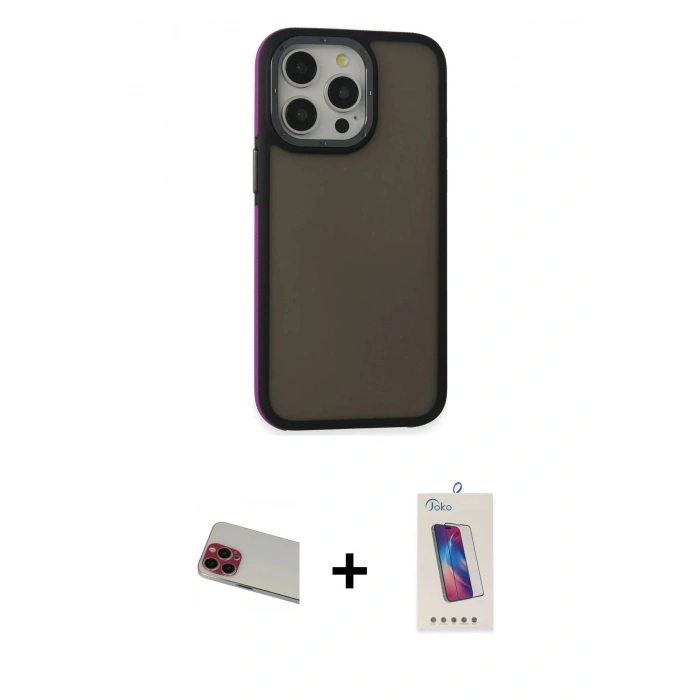 MARSİLYAN™- iPhone 13 Pro Max Kılıf Eksen Işık - Siyah Joko 5D Cam + Rainbow Kamera Lens Koruma Cam - KI
