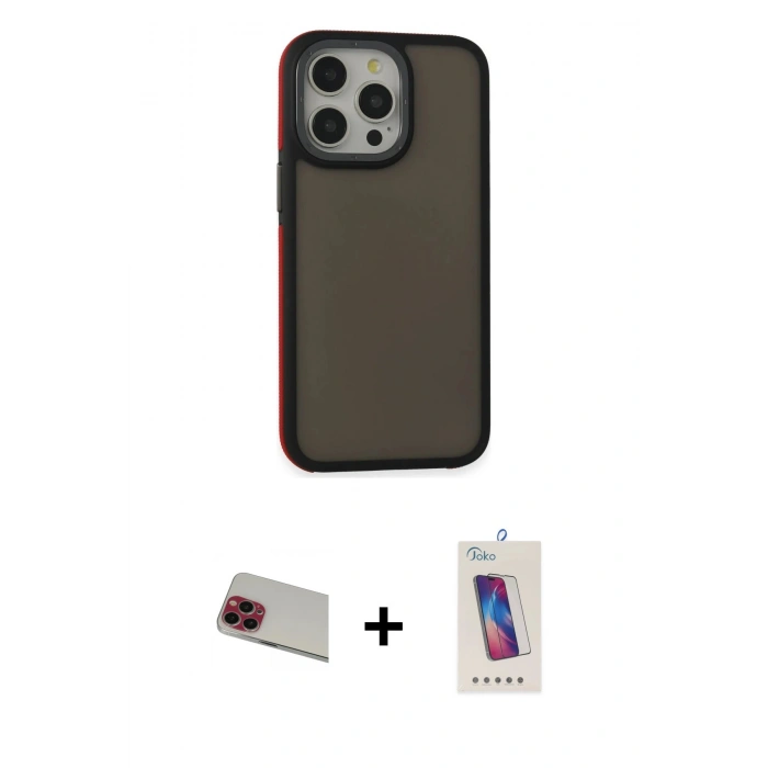 MARSİLYAN™- iPhone 13 Pro Max Kılıf Eksen Işık - Siyah Joko 5D Cam + Rainbow Kamera Lens Koruma Cam - KI