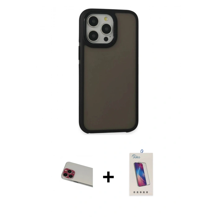 MARSİLYAN™- iPhone 13 Pro Max Kılıf Eksen Işık - Siyah Joko 5D Cam + Rainbow Kamera Lens Koruma Cam - KI