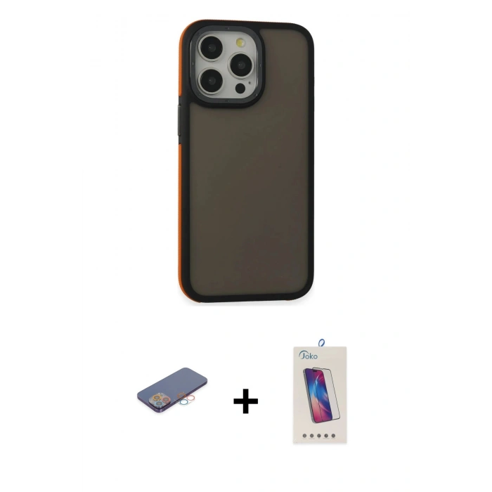 MARSİLYAN™- iPhone 13 Pro Max Kılıf Eksen Işık - Siyah Joko 5D Cam + Renkli Kamera Lens Koruma Cam - PE