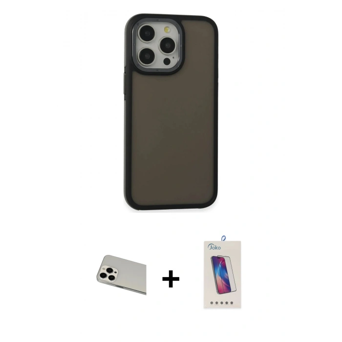 MARSİLYAN™- iPhone 13 Pro Max Kılıf Eksen Işık - Siyah Joko 5D Cam + Rainbow Kamera Lens Koruma Cam - BZ