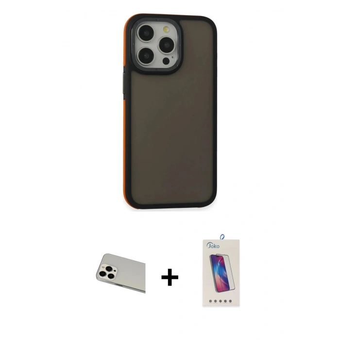MARSİLYAN™- iPhone 13 Pro Max Kılıf Eksen Işık - Siyah Joko 5D Cam + Rainbow Kamera Lens Koruma Cam - BZ