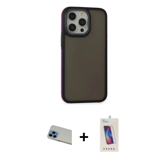 MARSİLYAN™- iPhone 13 Pro Max Kılıf Eksen Işık - Siyah Joko 5D Cam + Rainbow Kamera Lens Koruma Cam - MI