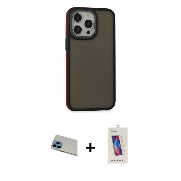 MARSİLYAN™- iPhone 13 Pro Max Kılıf Eksen Işık - Siyah Joko 5D Cam + Rainbow Kamera Lens Koruma Cam - MI