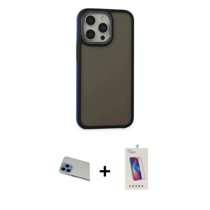 MARSİLYAN™- iPhone 13 Pro Max Kılıf Eksen Işık - Siyah Joko 5D Cam + Rainbow Kamera Lens Koruma Cam - MI